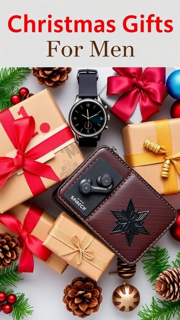A collection of Christmas gifts for men, including tech gadgets and accessories, arranged with holiday decorations.